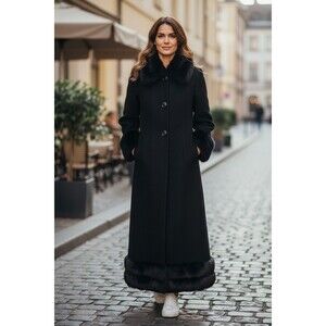 Ashro Wool Blend Coat Faux Fox Fur Collar Cuff Hem Button Up Long Coat Black 10